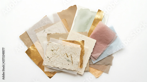 Stack of assorted decorative paper sheets and gold foil