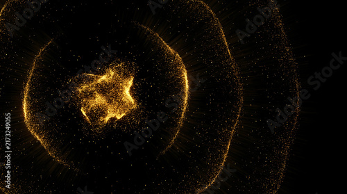 Abstract gold particle explosion and shockwave rings on a dark background