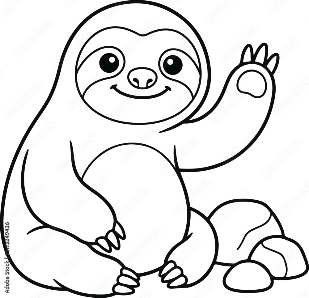Fototapeta premium Cute cartoon sloth sitting on rocks, coloring page for kids