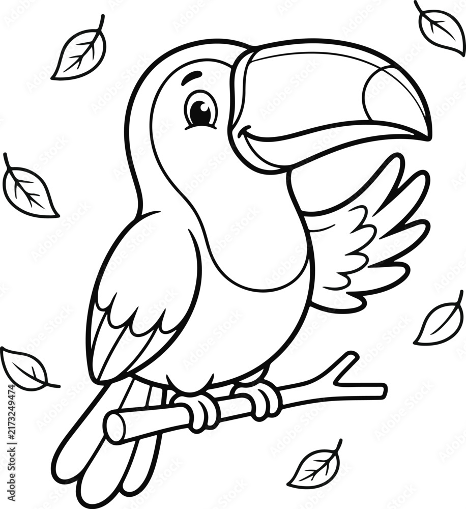 Fototapeta premium Cute cartoon toucan bird sitting on a branch with falling leaves, coloring page for children, black and white outline illustration