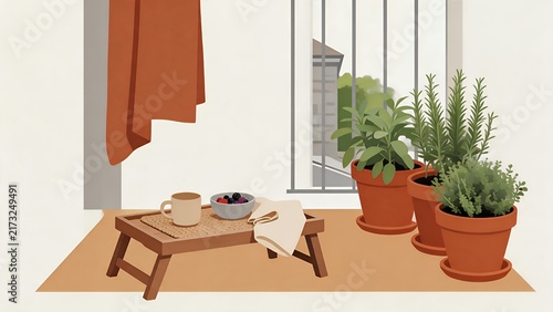 Sunlit Balcony Herb Garden: Rustic Planters & Morning Tea Setup