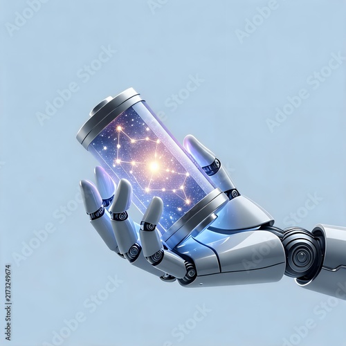 Celestial Power Core: Robotic Hand Holding Star-Mapped Energy Battery