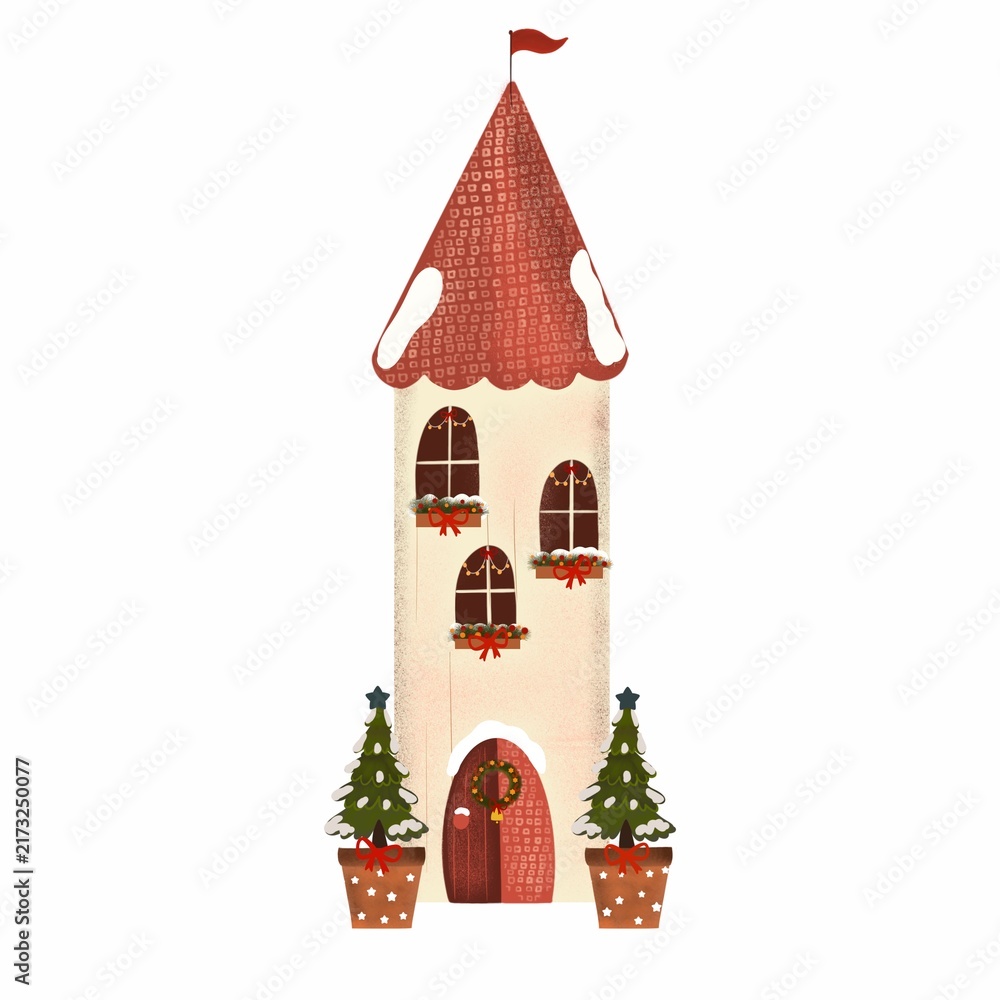 Naklejka premium A long, narrow Christmas fairy-tale house with potted Christmas trees