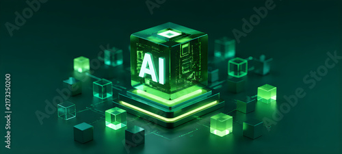 glowing green ai glass cube technology microchip circuit board concept