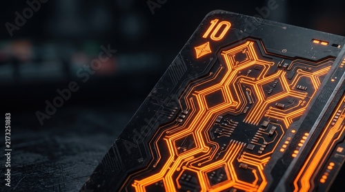 Futuristic playing card featuring glowing orange circuitry patterns. High tech casino security concept with artificial intelligence integration.