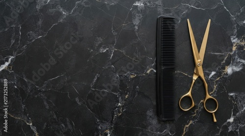 Gold Scissors and Black Comb on Dark Marble Surface