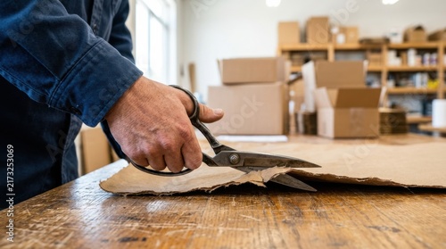 Close-up of Hands Cutting Cardboard with Scissors