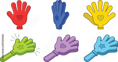 Colorful Hand Clapper Icon Collection with Heart and Star Symbols for Applause, Celebration, Support, Events, Sports, and Cheerful Activities