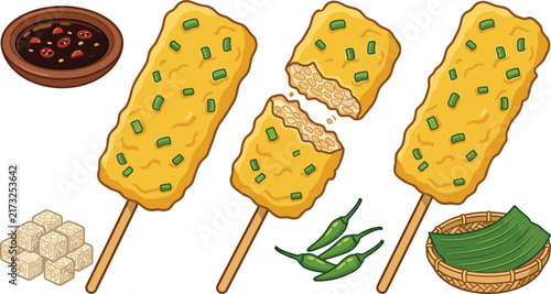 Colorful Indian Street Food Illustration Collection with Skewered Snacks, Spicy Chutney, Green Chilies, Tofu Cubes, and Traditional Ingredients