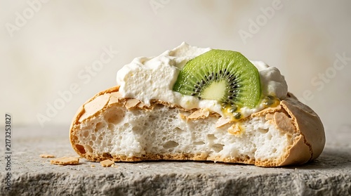 A cross section of a New Zealand pavlova featuring a crisp meringue shell and soft marshmallow center topped with whipped cream and a fresh kiwi fruit slice.