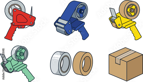 Colorful Packing Tape Dispenser and Adhesive Tape Collection with Shipping Box for Packaging, Moving, Warehouse, Delivery, and Office Supplies