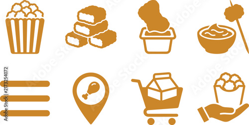Fast Food and Takeaway Icon Set with Popcorn, Fried Chicken, Soup, Dessert, Menu, Location Pin, Grocery Cart, and Delivery Symbols