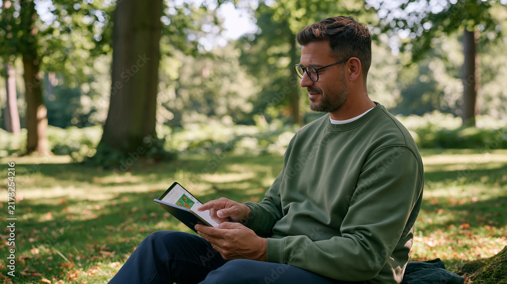 Obraz premium Over the shoulder view of a conversion optimisation strategist reviewing a heatmap interface on a tablet in a sun-dappled forest clearing, the contrast of data analytics work
