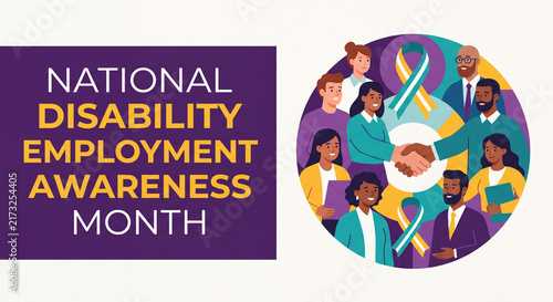 National Disability Employment Awareness Month banner with a purple text block, diverse professionals shaking hands, and awareness ribbons