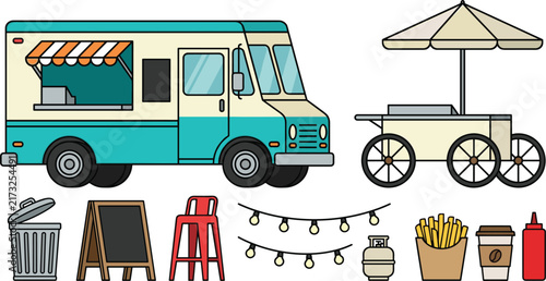 Food Truck and Street Food Cart Illustration Set with Mobile Kitchen, Umbrella Cart, Fries, Condiments, Chalkboard, Trash Bin, and Outdoor Dining Accessories