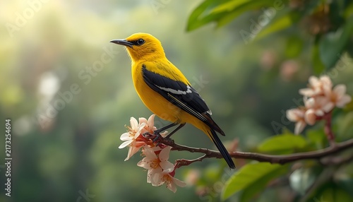 A vibrant yellow songbird with black wings perched gracefully on a flowering tree branch, surrounded by soft green foliage and delicate blossoms. Beautiful wildlife and nature scene with a blurred bac