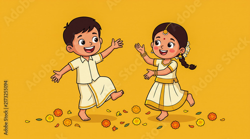 Happy Indian children celebrating Onam in traditional Kerala clothing.