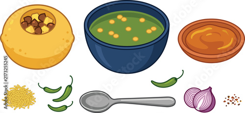 Indian Food Ingredients and Sauce Illustration Collection with Green Chutney, Curry, Spices, Chilies, Onion, Noodles, and Serving Spoon