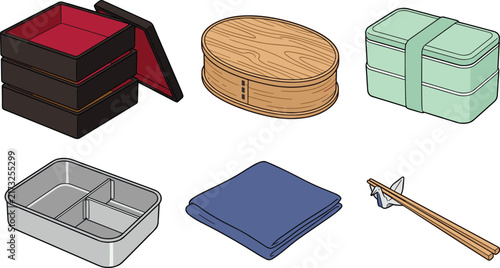Japanese Bento Box and Food Container Collection with Wooden Steamer, Lunch Boxes, Compartment Tray, Cloth Napkin, and Chopsticks