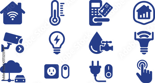 Smart Home Technology and Energy Management Icon Set with Wireless House, Thermostat, Utility Meter, Security Camera, Lighting, Water, and Connectivity Symbols