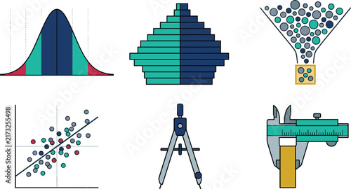 Statistics and Measurement Tools Icon Collection with Bell Curve, Histogram, Scatter Plot, Funnel Chart, Compass, and Vernier Caliper