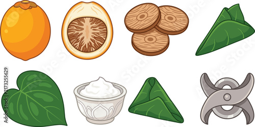 Traditional Betel Leaf Preparation Collection with Areca Nut, Betel Leaves, Lime Paste, Wooden Slices, and Nut Cutting Tool