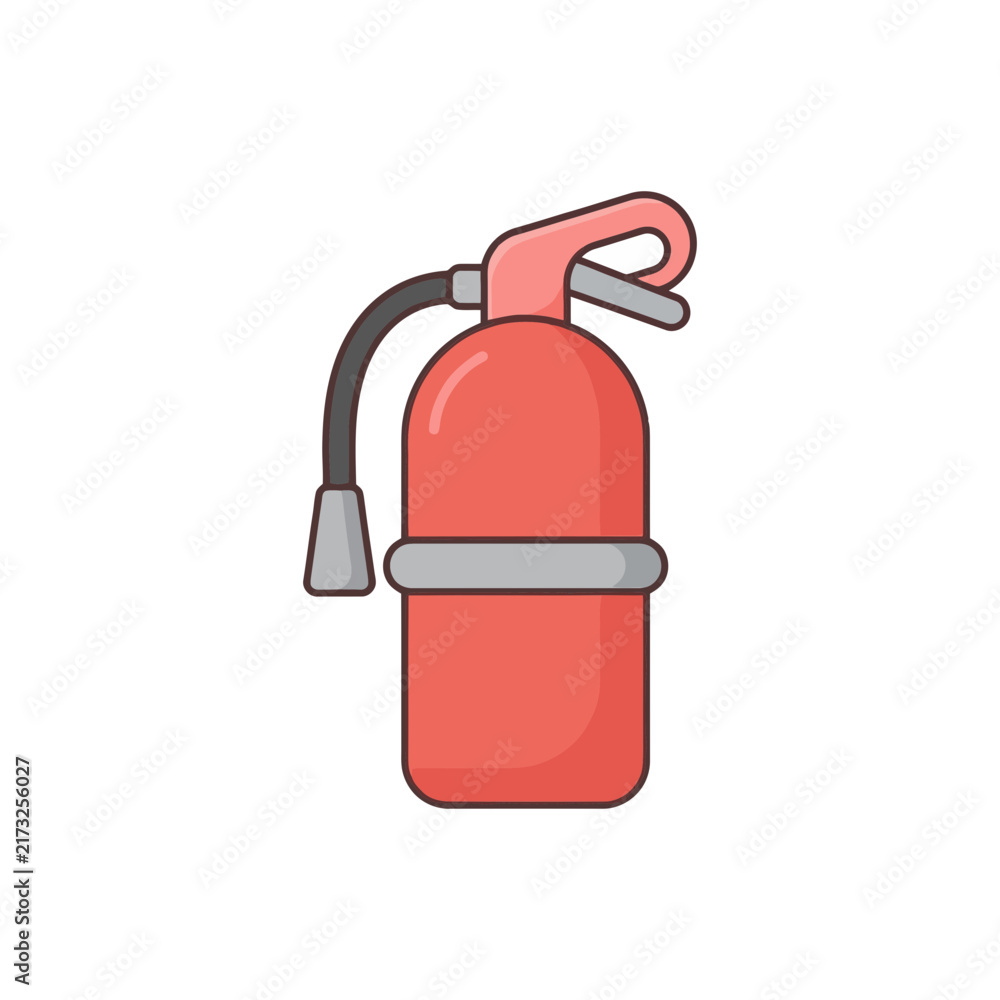 Obraz premium Red fire extinguisher icon with hose and handle on white background.