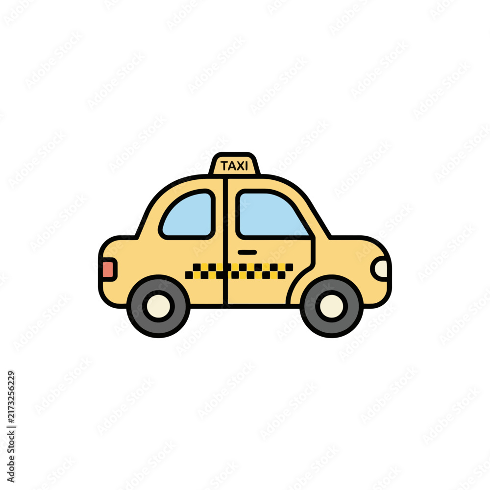 Naklejka premium Yellow taxi cab cartoon illustration with checkered pattern and 'taxi' sign.