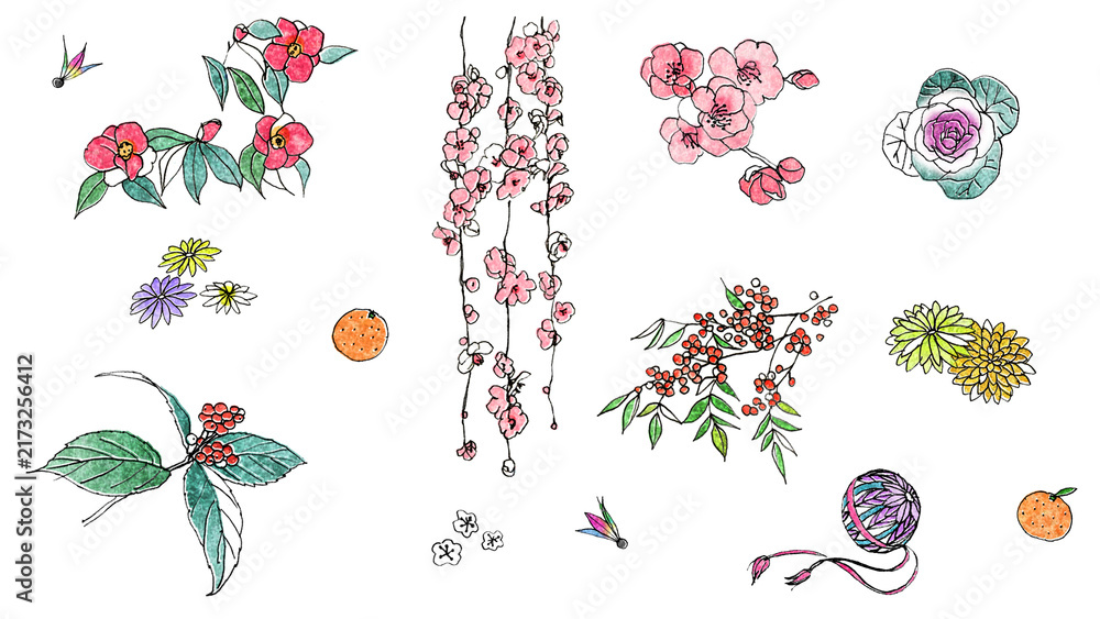 Photography Poster お正月と冬の和風モチーフと伝統的な植物の手描き
