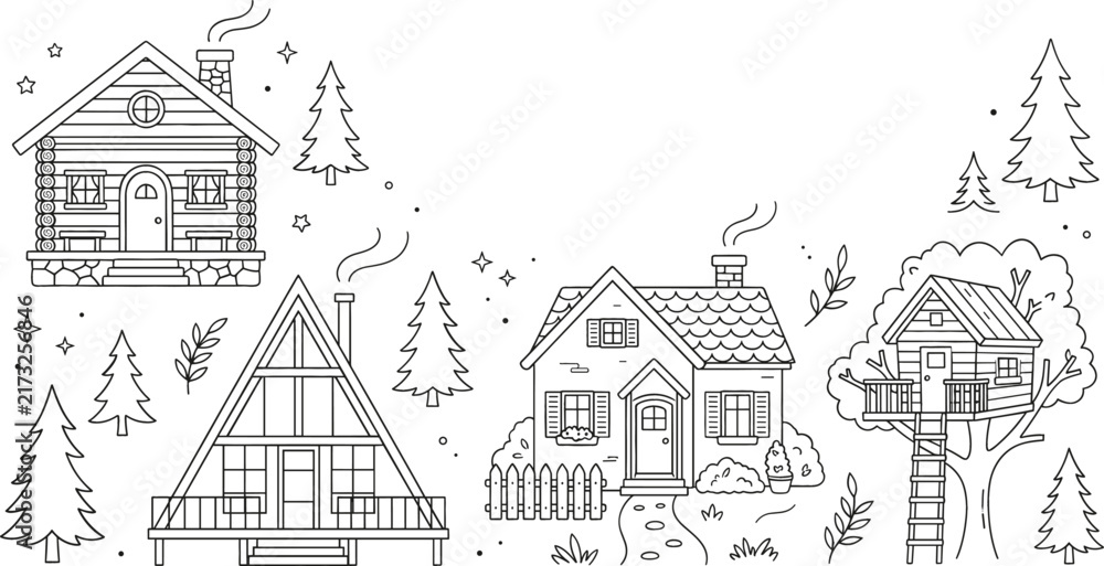 Fototapeta premium Cozy cabin and house vector line art set with log cabin aframe cottage treehouse pine trees for illustration.