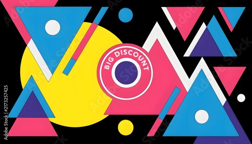 Memphis Style Big Discount Banner with Abstract Geometric Shapes and Vibrant Retro Colors on Black Background
