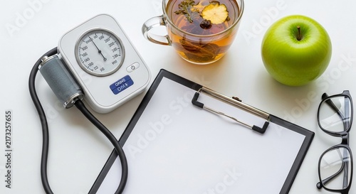 Naklejka Medical check-up essentials featuring a blood pressure monitor, healthy tea, green apple, and clipboard on a clean white surface