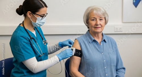 Naklejka Medical professional taking blood pressure reading from a senior woman patient