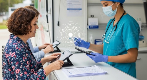 Naklejka Medical professional using digital tablet to assist patients with healthcare information and services