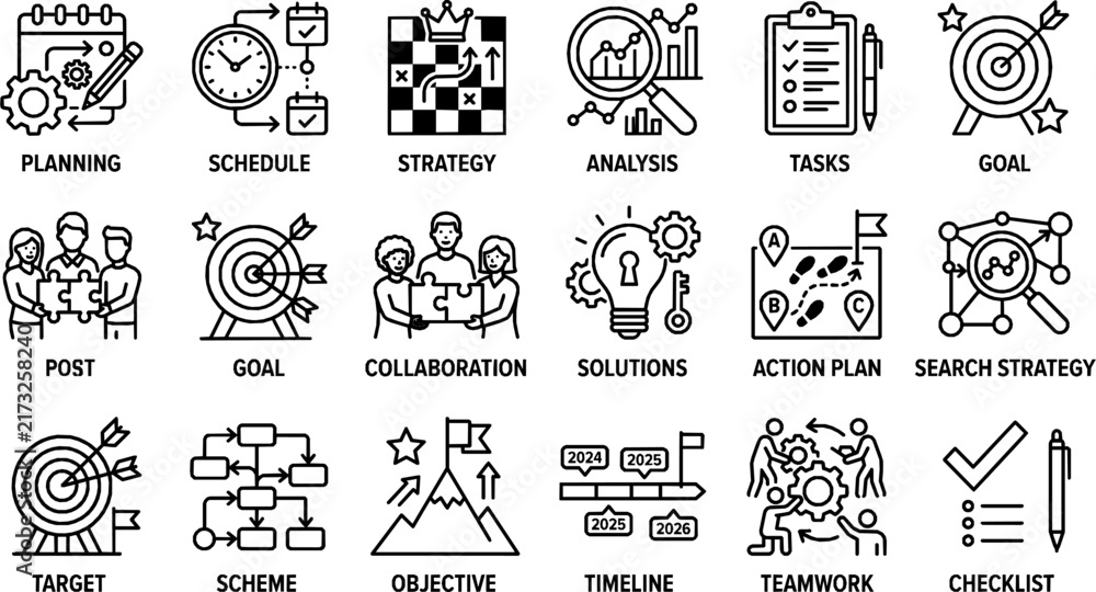 Fototapeta premium Action Plan Line Icons Set - Vector Strategy, Planning, Goals, and Task Symbols