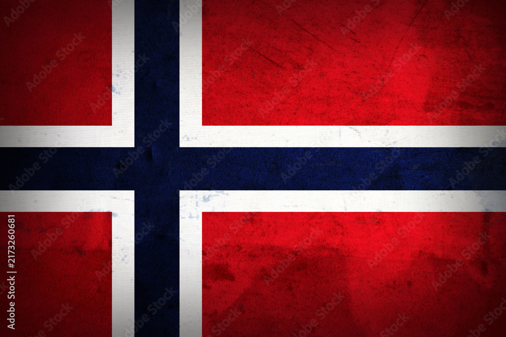 Fototapeta premium NORWAY Flag Grunge Background. National flag of NORWAY Grunge on rough metal texture with distressed surface, weathered effect, grain, scratches and aged details. Patriotic background for design.