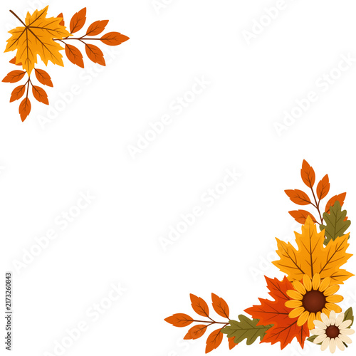 Foto Autumn Floral Corner with Sunflower and Orange Leaves Vector Illustration