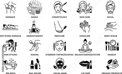 Beauty and Spa Line Icons Set - Vector Skincare, Massage, Sauna, and Cosmetology Symbols