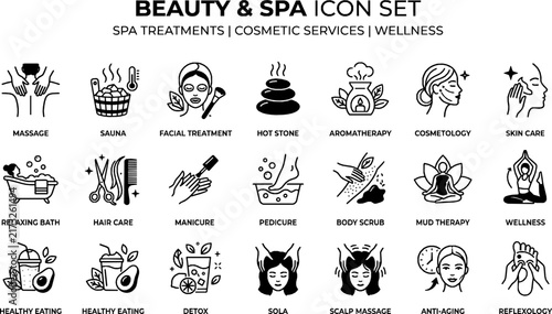 Beauty and Spa Line Icons Set - Vector Skincare, Massage, Sauna, and Cosmetology Symbols
