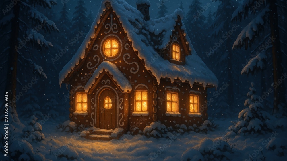 Naklejka premium Cozy gingerbread house desktop wallpaper