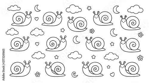 Whimsical Cute Snails with Patterned Shells Clouds and Hearts Vector Set