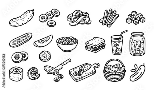 SEO Title:
Cucumber Slices Pickles Salad and Fresh Vegetable Food Vector Icons
