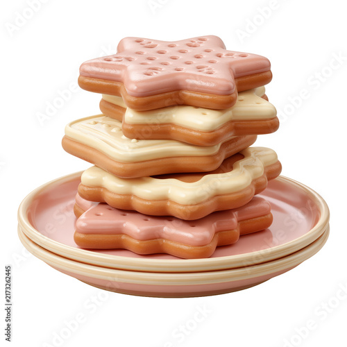 Whimsical assorted cookies with scalloped edges and rainbow sprinkles stacked on coral plate isolated on transparent background for holiday celebration matte