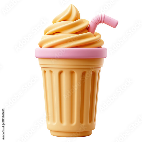 Whimsical banana milkshake with golden swirled frosting pink rim accent and pink drinking straw isolated on transparent background for cafe branding matte