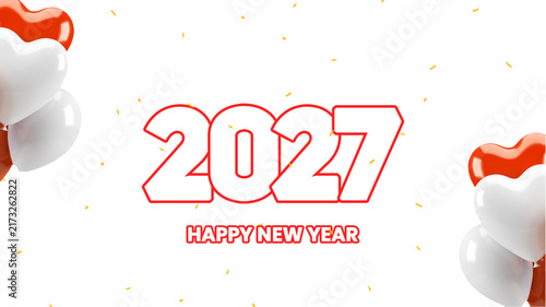 2027 Happy New Year minimalist poster with red outline typography, heart balloons, and gold confetti