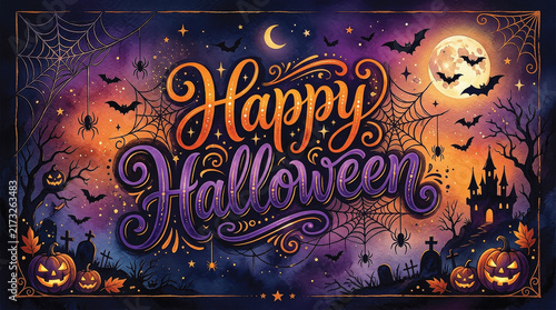A Halloween scene featuring a large moon in the background, with pumpkins, spiders, cobwebs, and a flock of bats circling around