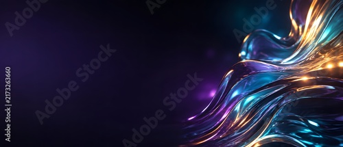 Abstract luxury liquid glass metal vortex with vibrant purple and cyan blue neon reflections, premium quantum computing data stream and cyberpunk technology background with dark copy space, 3d render