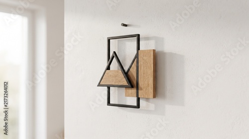 Modern Geometric Minimalist Wall Art Decor Featuring A Contemporary Black Metal Frame With Natural Wood Texture Accents On A White Interior Wall