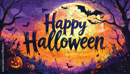 A Halloween scene featuring a large moon in the background, with pumpkins, spiders, cobwebs, and a flock of bats circling around