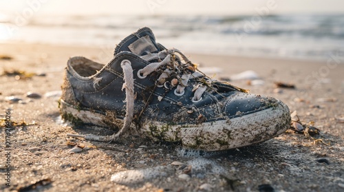 Discarded Old Dirty Fabric Sneaker Washed Up on Sandy Ocean Shoreline at Sunset Environmental Pollution Concept